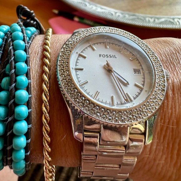 Unisex EUC Fossil Double Row Rhinestone Watch with Sporty Links ~DayaNight Style - Picture 1 of 7